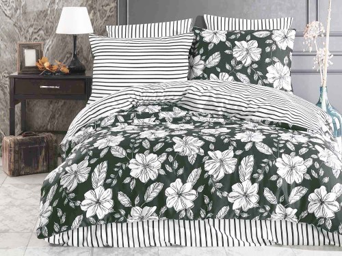 Pościel Satynowa 160x200 Hakki Exclusive zdobiona motywem w białe kwiaty