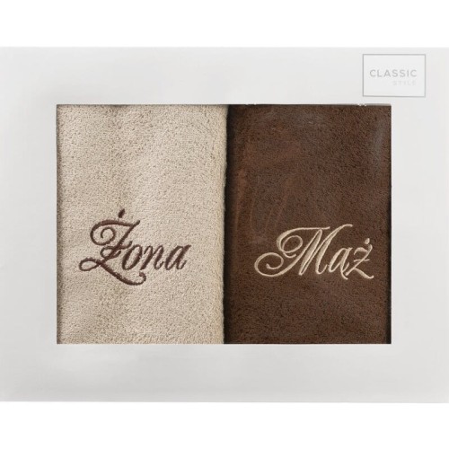 Komplet ręczników w pudełku 2el 50x90 Mąż Żona Beż + Brąz