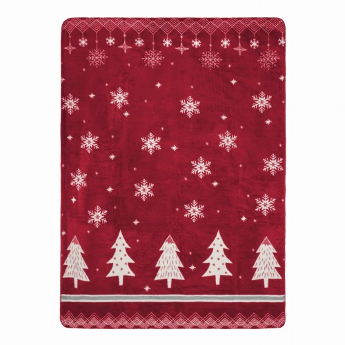 Koc bawełniano-akrylowy 150x200 Czerwony - wzór w gwiazdki i choinki