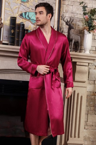 Jedwabny Szlafrok Męski - Kolor Red Wine