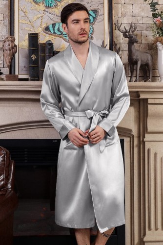 Jedwabny Szlafrok Męski - Light Grey