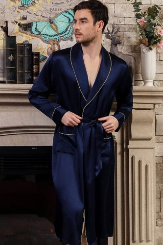 Jedwabny Szlafrok Męski - Navy Bue