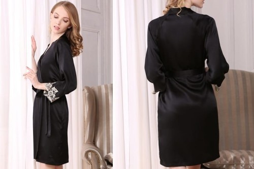 Jedwabny Szlafrok Damski - Deep Black Ornament