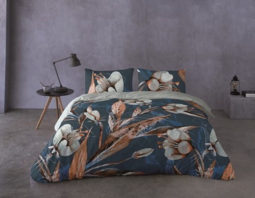 Pościel z Perkalu 160x200 Satyna Prestige Liście Szary/Niebieski