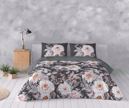 Pościel z Perkalu 160x200 Satyna Prestige Kwiaty Czarne Tło 44