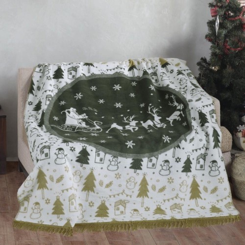 Koc Bawełniany 150x200 Merry Christmas z Frędzlami Mikołaj