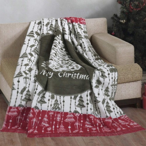 Koc Bawełniany 150x200 Merry Christmas z Frędzlami Choinka