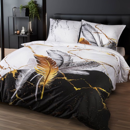 Pościel satyna bawełniana 180x200 Panel Biało Złote Pióra