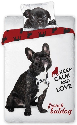 Pościel bawełniana 160x200 Piesek Buldog keep calm and love