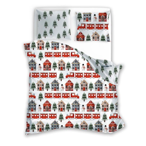 Pościel bawełniana świąteczna 220x200 Świąteczny pociąg, domki i choinki