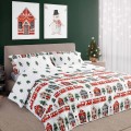 Pościel bawełniana świąteczna 220x200 Świąteczny pociąg, domki i choinki