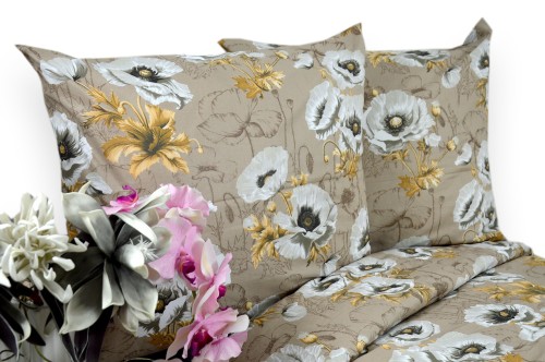 Pościel Bawełniana 140x200 Białe maki beżowe tło