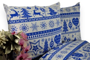 Pościel Bawełniana 140x200 świąteczna renifery niebieskie pasy 3524w